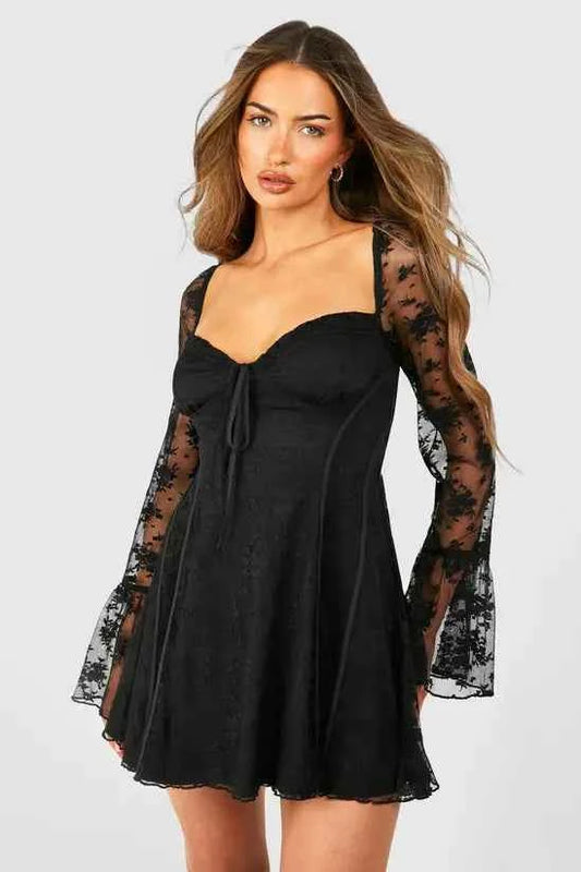 Boohoo Lace Baby Doll Flare Sleeve Mini Dress