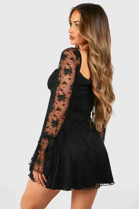 Boohoo Lace Baby Doll Flare Sleeve Mini Dress