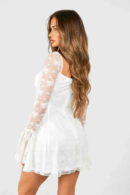 boohoo Lace Baby Doll Flare Sleeve Mini Dress