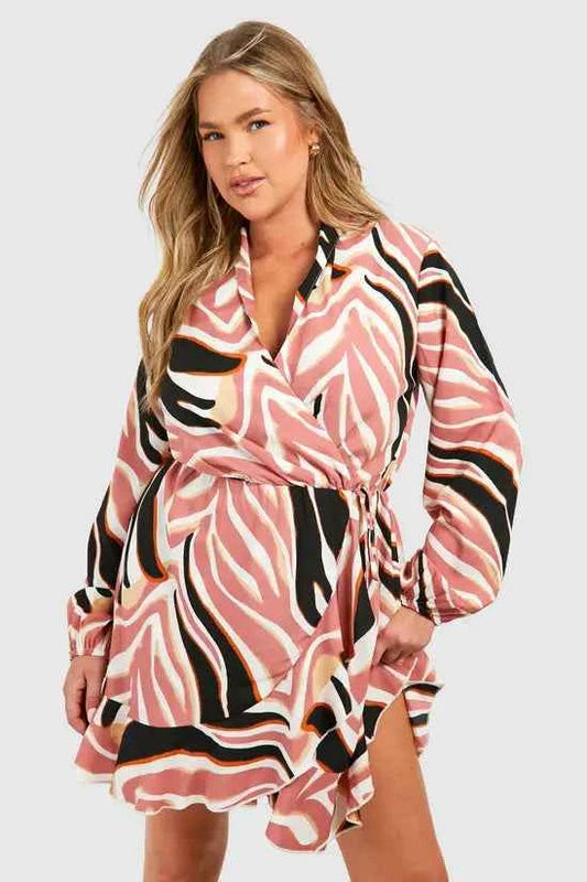 boohoo Plus Woven Abstract Floral Print Wrap Mini Dress