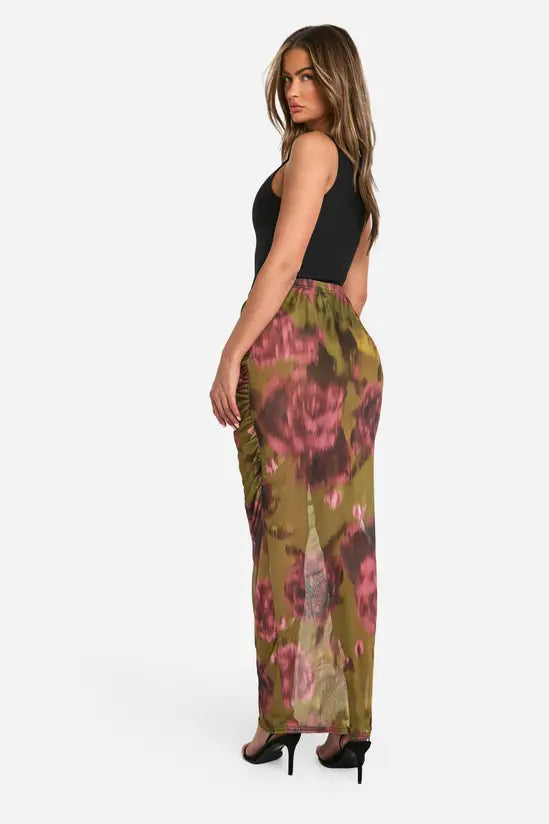 boohoo Floral Mesh Ruched Maxi Skirt