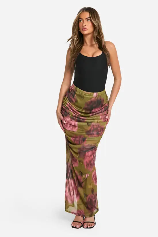 boohoo Floral Mesh Ruched Maxi Skirt