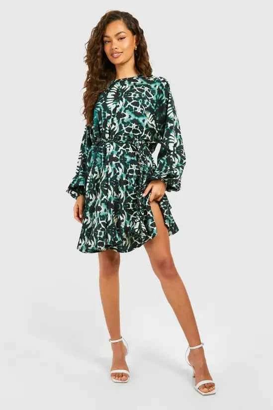 boohoo Blue Blur Print Godet Mini Dress