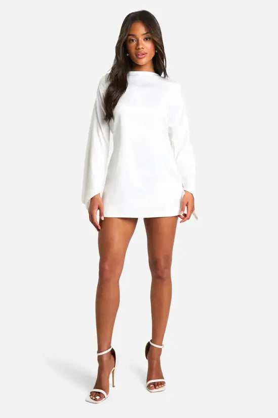 boohoo Satin Flared Sleeve Cowl Back Mini Dress