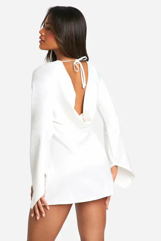 boohoo Satin Flared Sleeve Cowl Back Mini Dress
