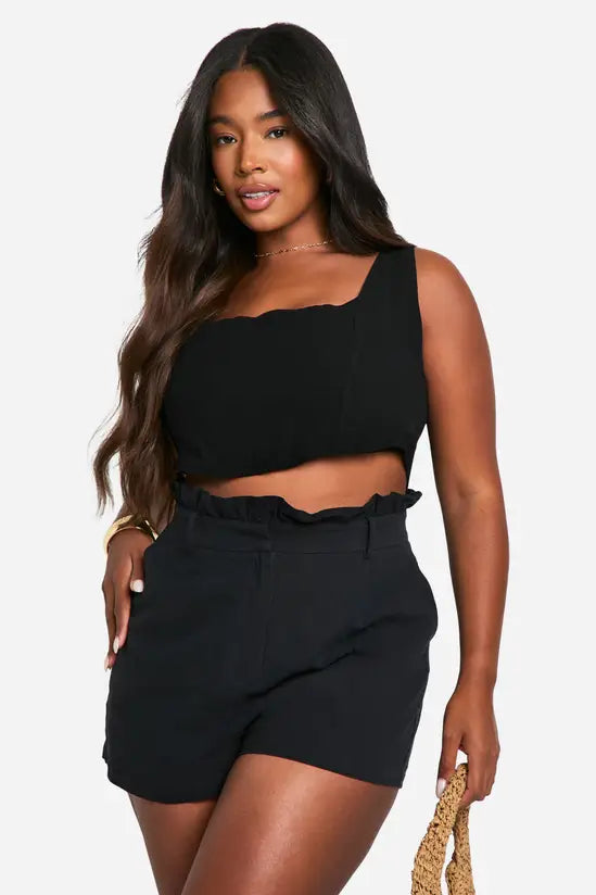 boohoo Plus Linen Feel Paperbag Waist Shorts