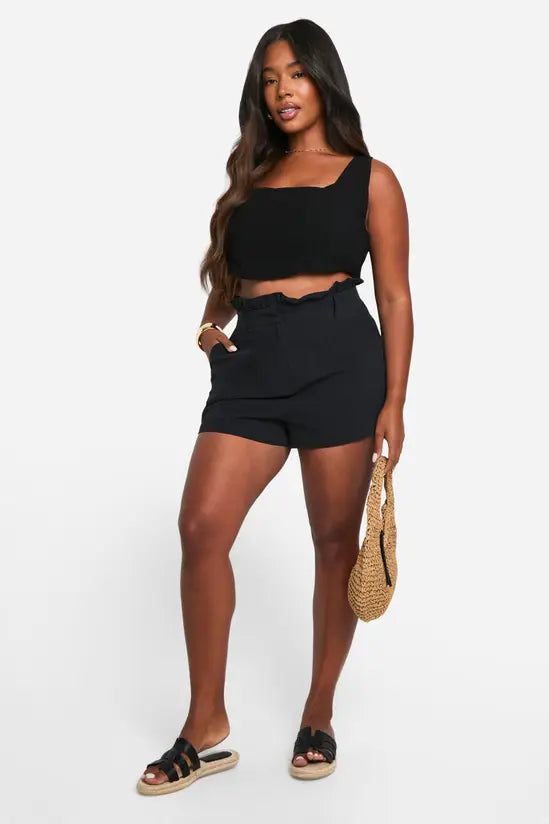 boohoo Plus Linen Feel Paperbag Waist Shorts