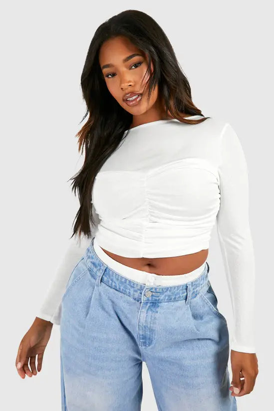 boohoo Plus Sheer Ruched Slash Neck Top