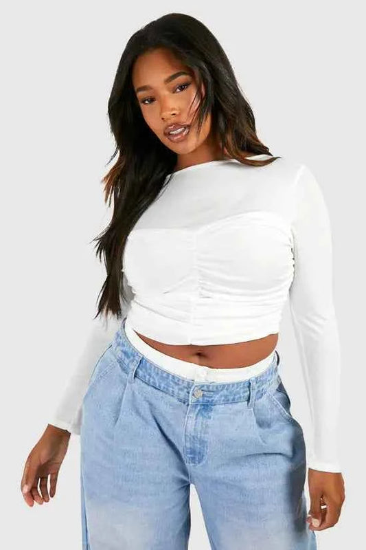 boohoo Plus Sheer Ruched Slash Neck Top