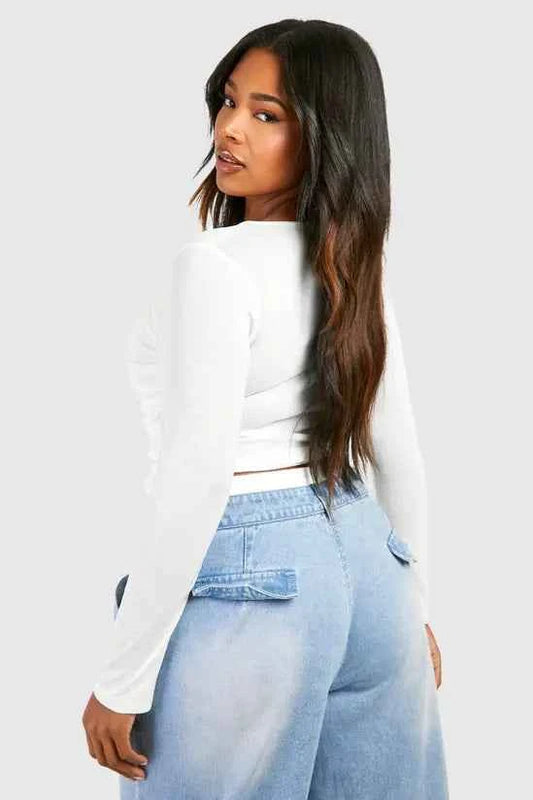 boohoo Plus Sheer Ruched Slash Neck Top