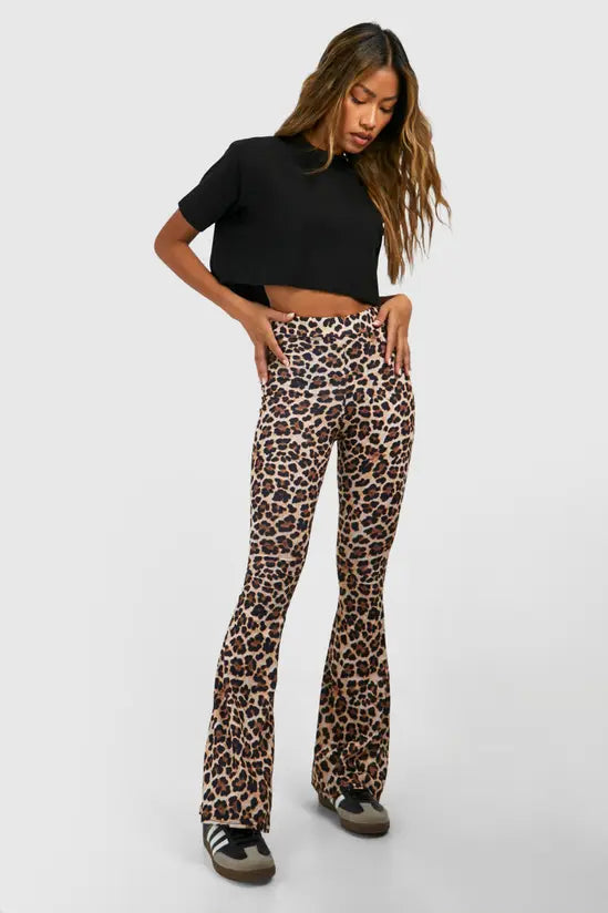 Boohoo Leopard High Waist Basic Fit & Flare Trouser