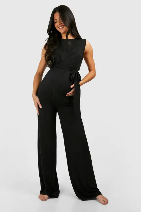 Boohoo - Maternity Rib Belted Sleeveless Lounge Jumpsuit