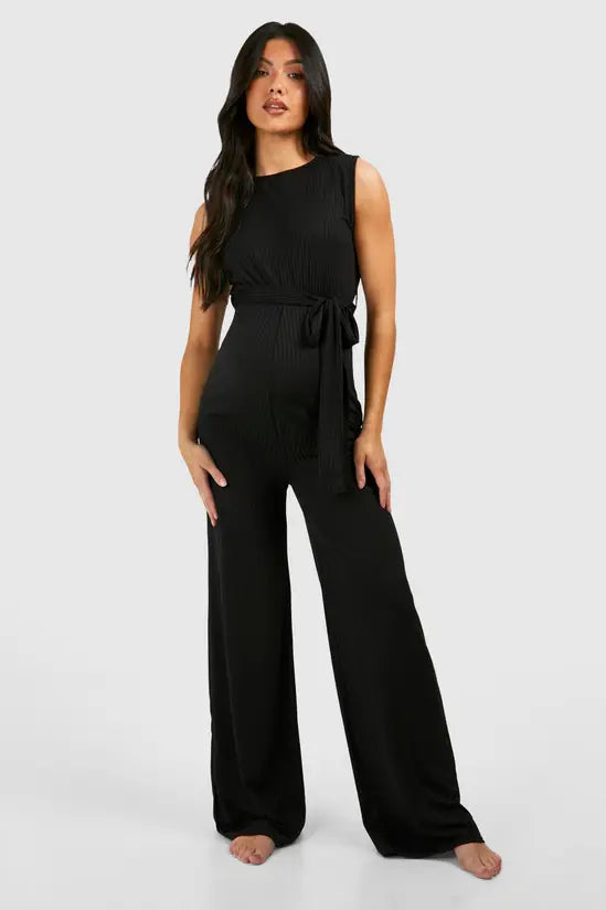 Boohoo - Maternity Rib Belted Sleeveless Lounge Jumpsuit