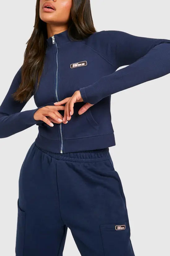 boohoo Badge Detail Ribbed Zip Through Top
