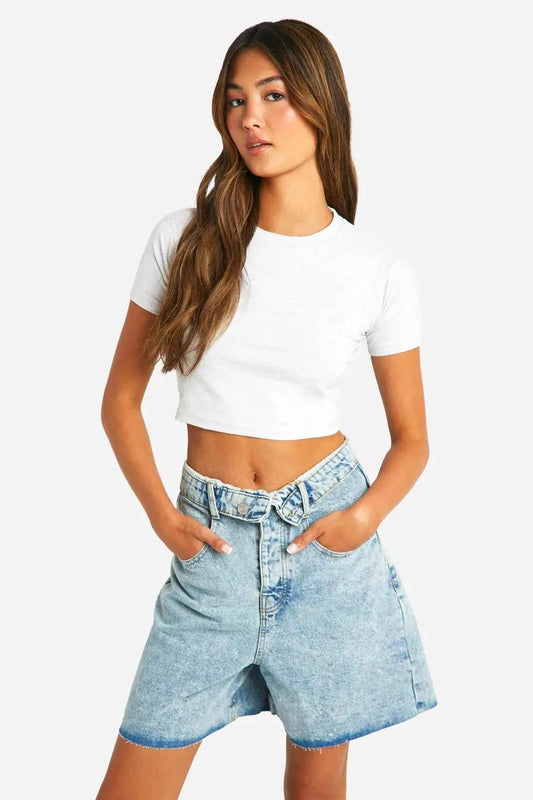 boohoo Folded Waistband Longline Denim Short