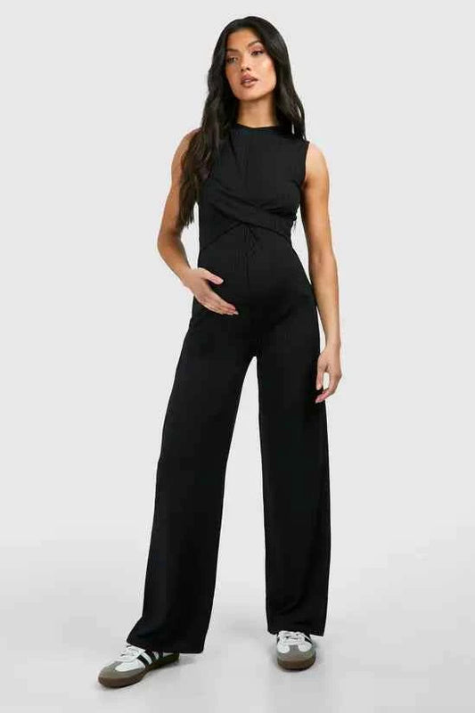 boohoo Maternity Rib Sleeveless Knot Detail Lounge Jumpsuit