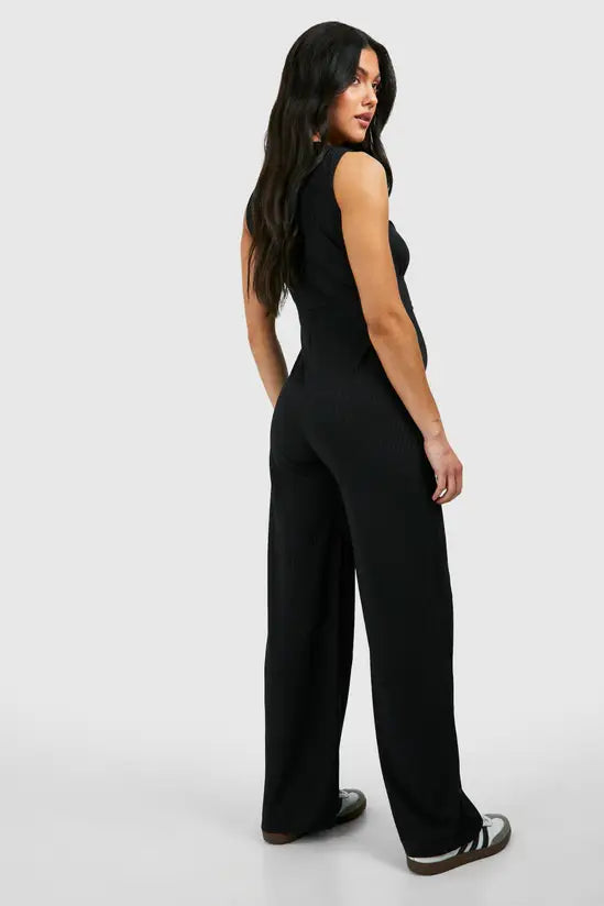 boohoo Maternity Rib Sleeveless Knot Detail Lounge Jumpsuit