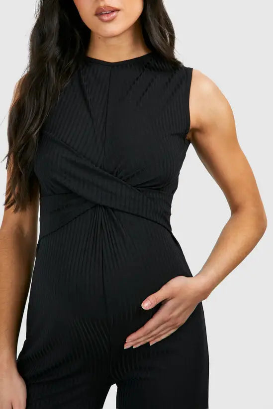 boohoo Maternity Rib Sleeveless Knot Detail Lounge Jumpsuit