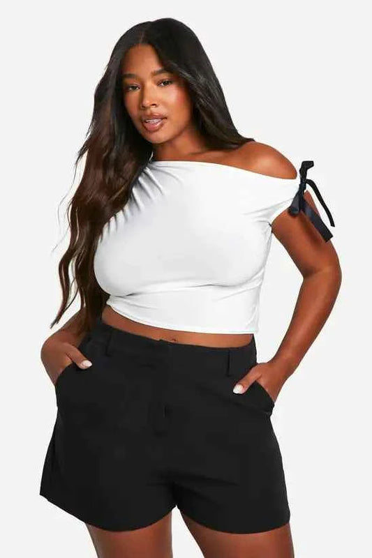 boohoo Plus Asymmetric Neckline Bow Ribbon Detail