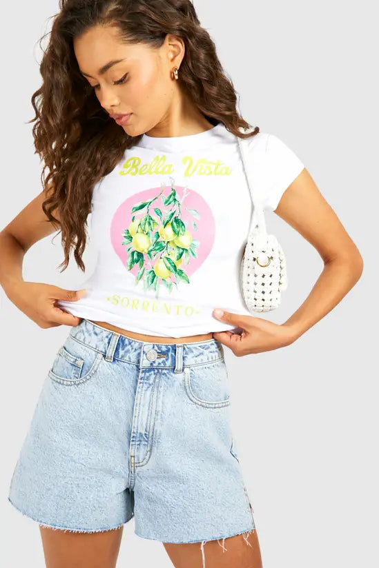 boohoo Lemons Printed Cap Sleeve Baby Tee
