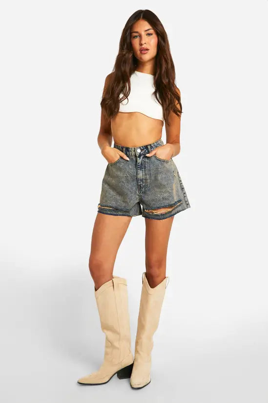 boohoo Dirty Tint Ripped Hem Denim Shorts