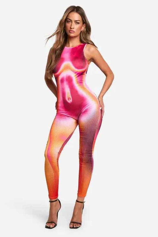 Boohoo Body Print Slinky Sleeveless Unitard Jumpsuit