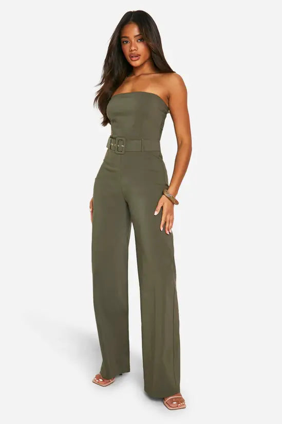 boohoo Belt Trim Bandeau Wide Leg Jumpsuit