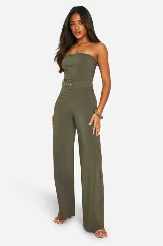 boohoo Belt Trim Bandeau Wide Leg Jumpsuit