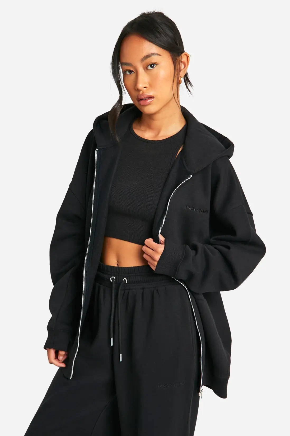 DSGN Studio Embroidered Zip Through Oversized Hoodie