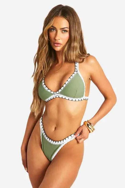 boohoo Crochet Contrast Stitch Plunge Bikini Top