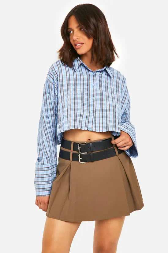 boohoo Boxy Crop Textured Check Shirt