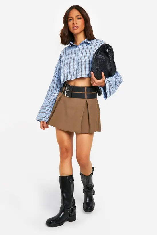 boohoo Boxy Crop Textured Check Shirt