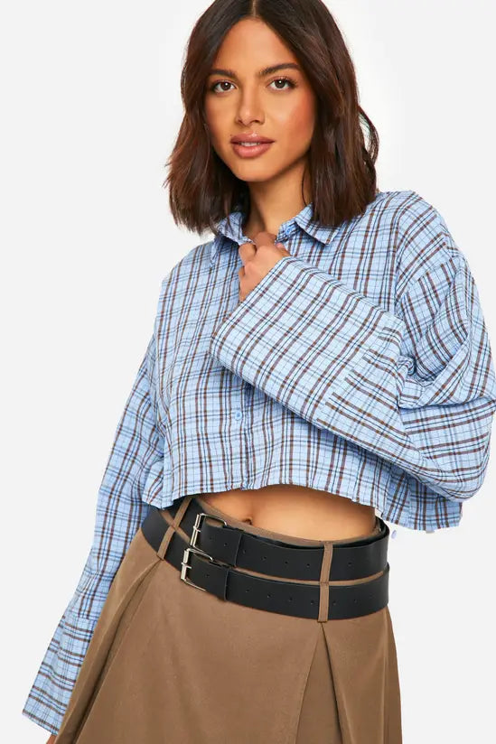boohoo Boxy Crop Textured Check Shirt