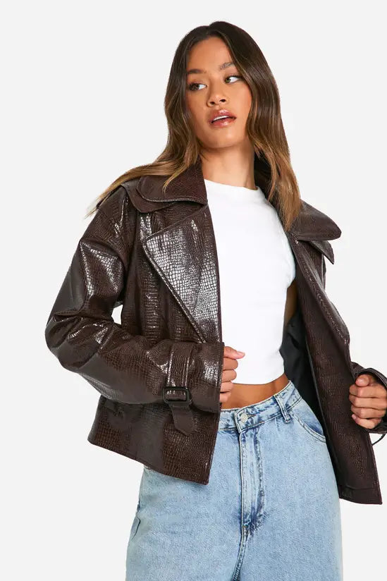 boohoo Tall Croc Faux Leather Cropped Trench Coat