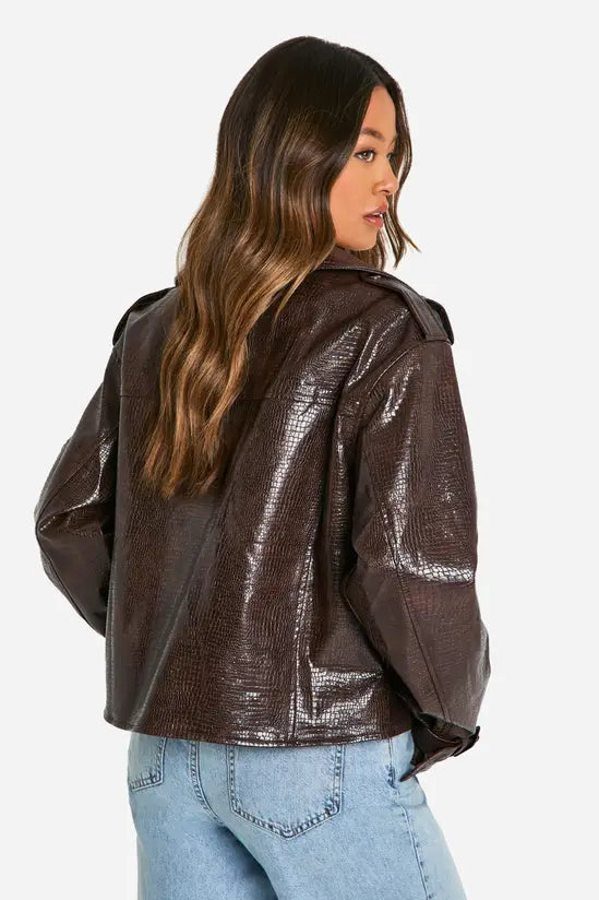 boohoo Tall Croc Faux Leather Cropped Trench Coat