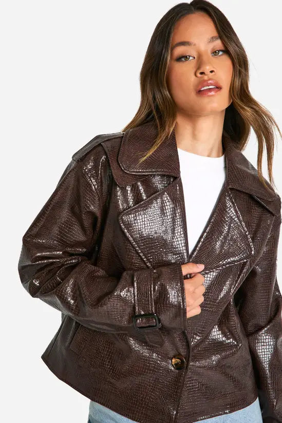 boohoo Tall Croc Faux Leather Cropped Trench Coat