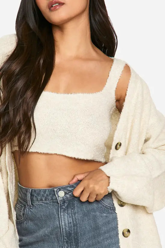 boohoo Slouchy Cardigan And Bralet Borg Knit Co-ord
