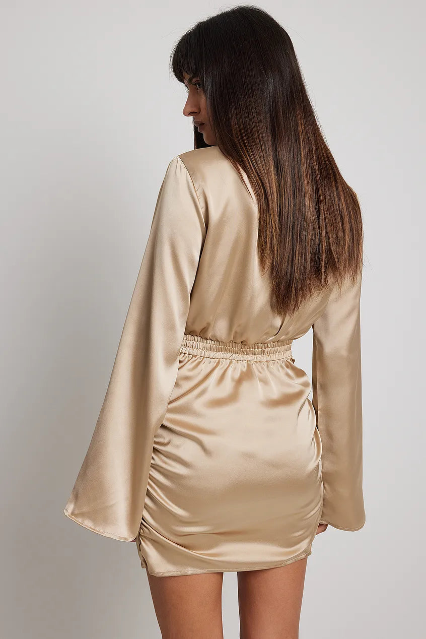 High Neck Long Sleeve Satin Dress