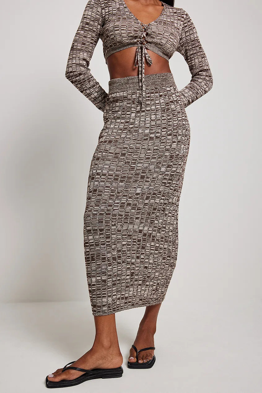 High Waist Knitted Maxi Skirt & Knitted Long Sleeved Lacing Top SET