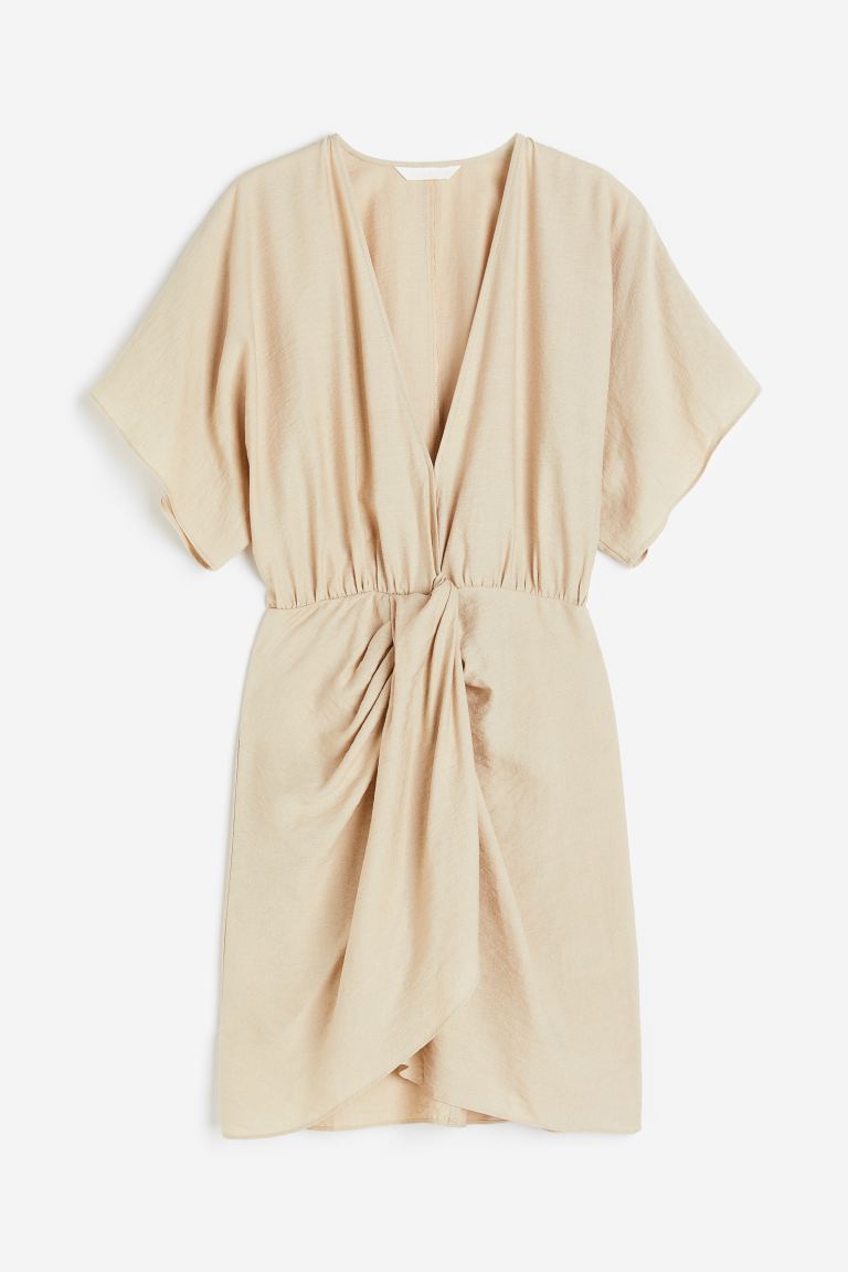 Linen Mix V Neck Dress Beige