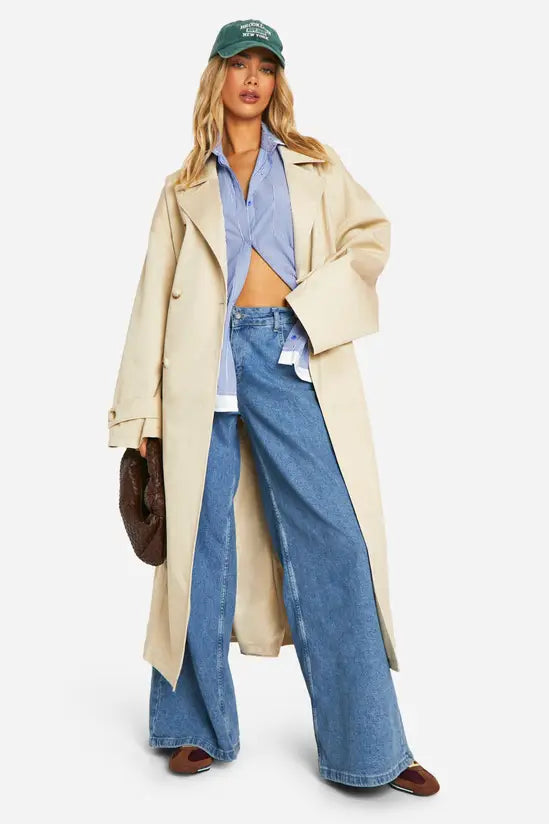 Boohoo Oversized Double Breast Belted Cinched Back Trench Coat