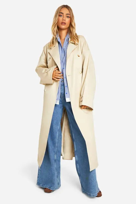 Boohoo Oversized Double Breast Belted Cinched Back Trench Coat