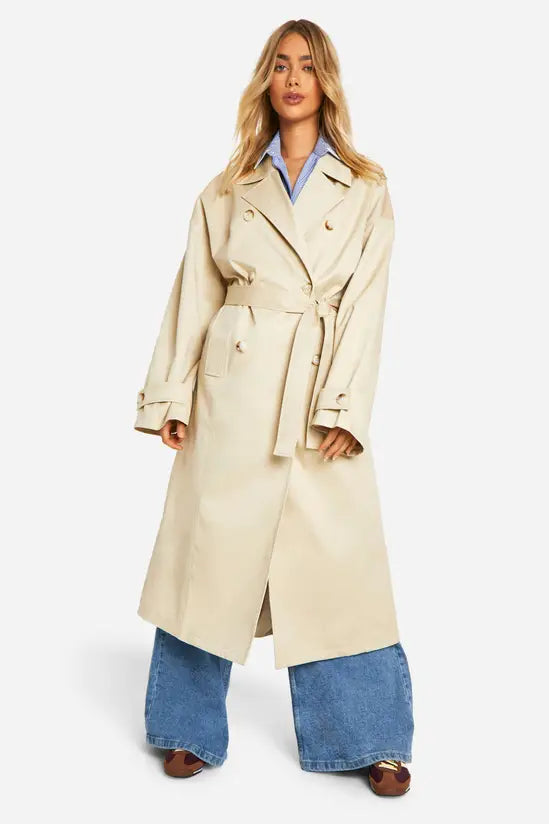Boohoo Oversized Double Breast Belted Cinched Back Trench Coat