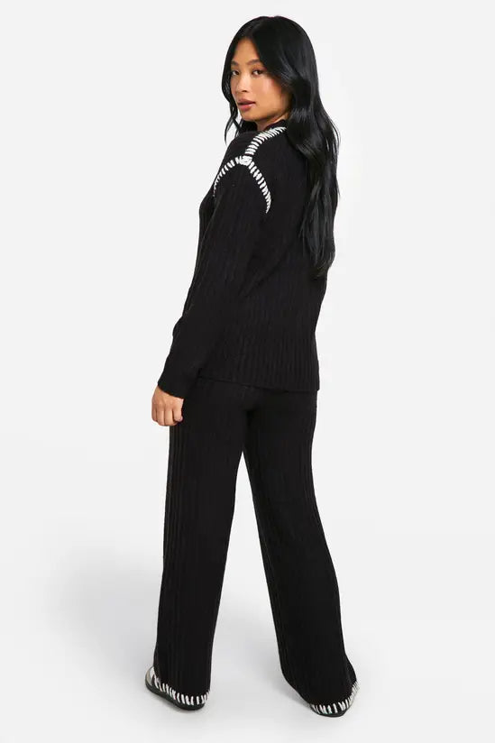 Boohoo - Petite Premium Heavyweight Contrast Trim Jumper And Trouser Knitted Set