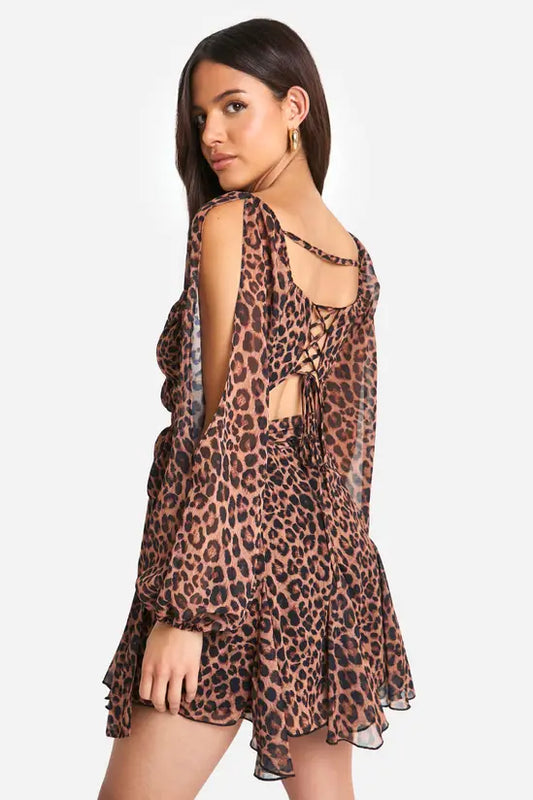 boohoo Leopard Chiffon Lace Back Puff Sleeve Wrap Skater Dress