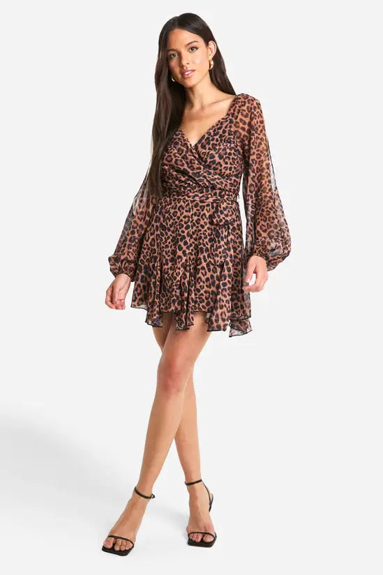 boohoo Leopard Chiffon Lace Back Puff Sleeve Wrap Skater Dress