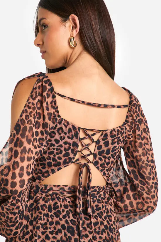 boohoo Leopard Chiffon Lace Back Puff Sleeve Wrap Skater Dress