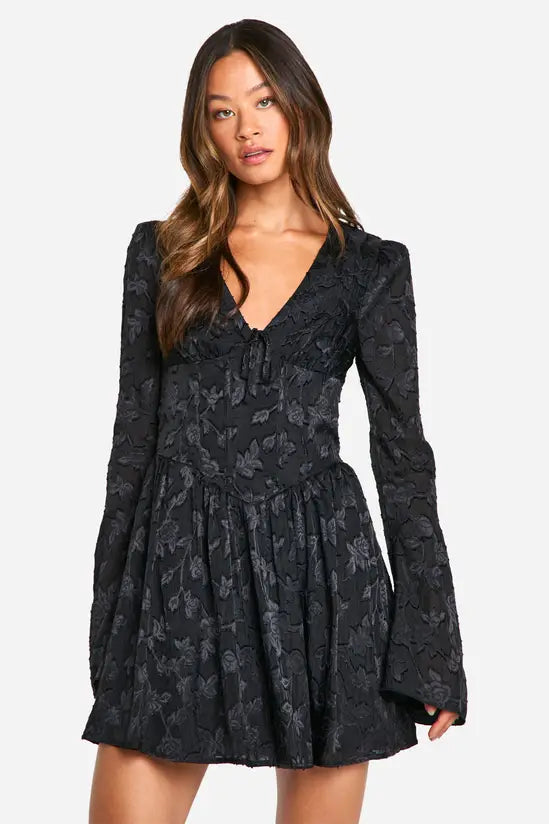 boohoo Tall Burnout Floral Corset Detail Skater Dress