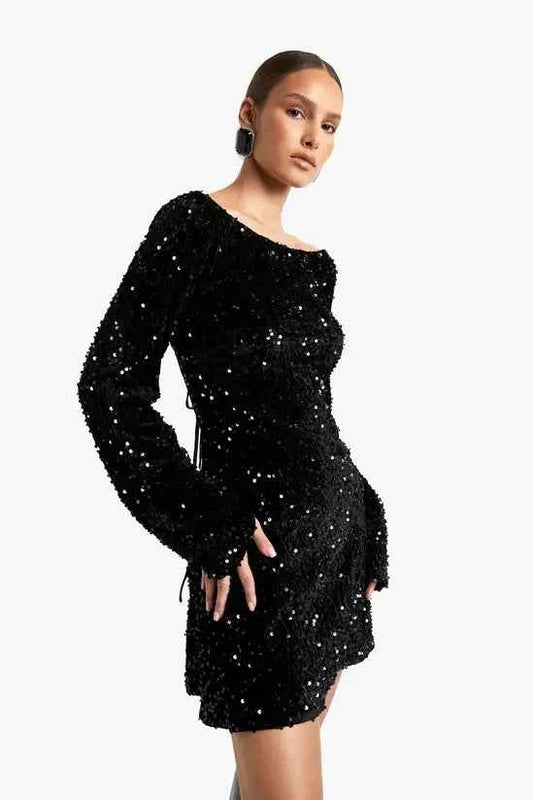boohoo Velvet Sequin Tie Back Shift Dress