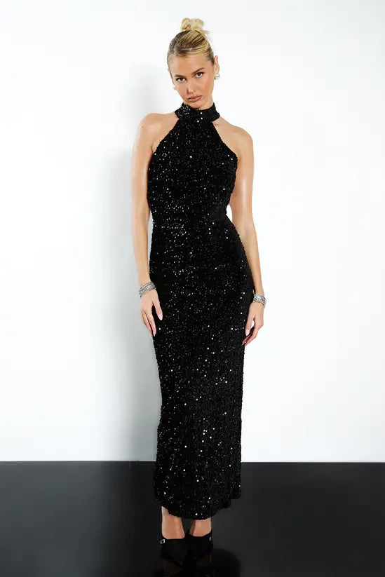 boohoo Velvet Sequin Halterneck Slip Maxi Dress